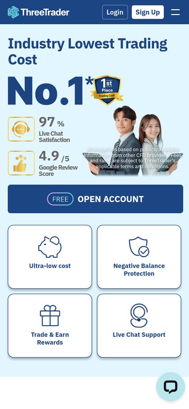 ThreeTrader homepage on a mobile phone: responsive forex broker website hero