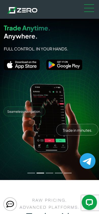 ZERO Markets homepage on a mobile phone: responsive WordPress trading website